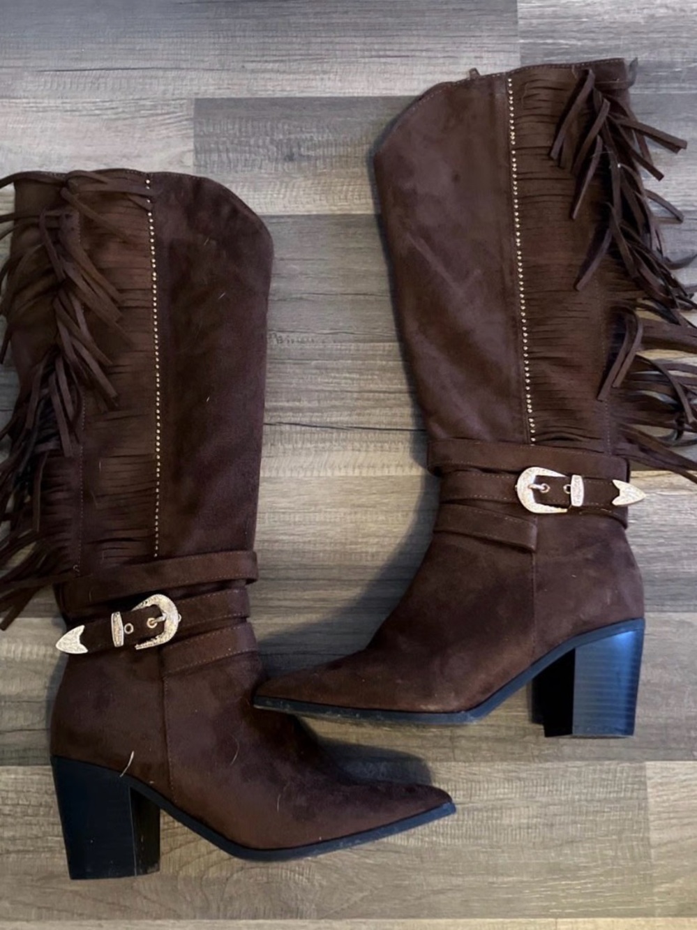 Cato Brown Suede Fringe Mid-Calf Heeled Boots